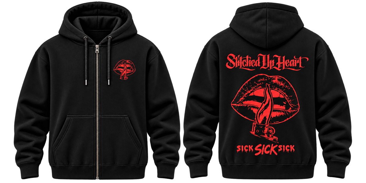 Stitched Up Heart SICK SICK SICK black zip hoodie — front and back views with red artwork
