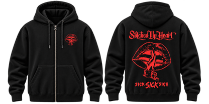 Stitched Up Heart SICK SICK SICK black zip hoodie — front and back views with red artwork
