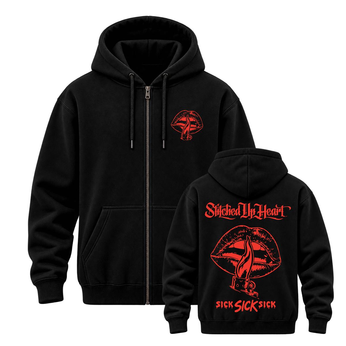 Stitched Up Heart SICK SICK SICK black zip hoodie with red chest and back artwork — original front and back mockup