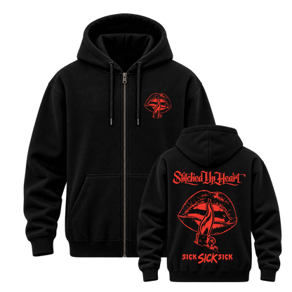Stitched Up Heart SICK SICK SICK black zip hoodie with red chest and back artwork — original front and back mockup