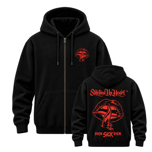 Stitched Up Heart SICK SICK SICK black zip hoodie with red chest and back artwork — original front and back mockup